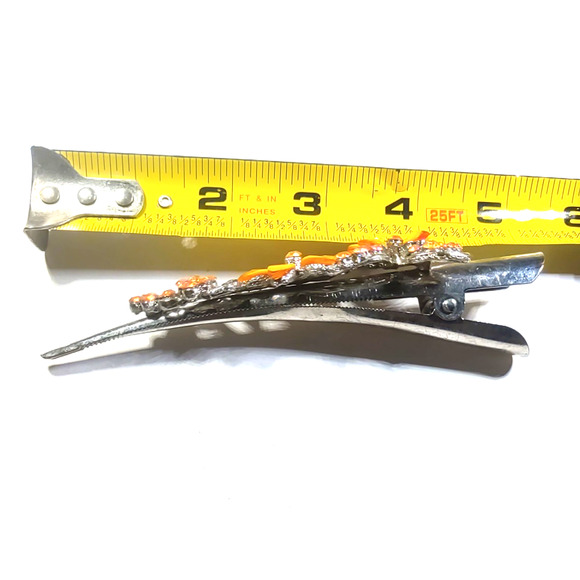 Hair Barrette Clip Large Silver Tone Orange Butterfly Flower Rhinestone - Picture 7 of 8